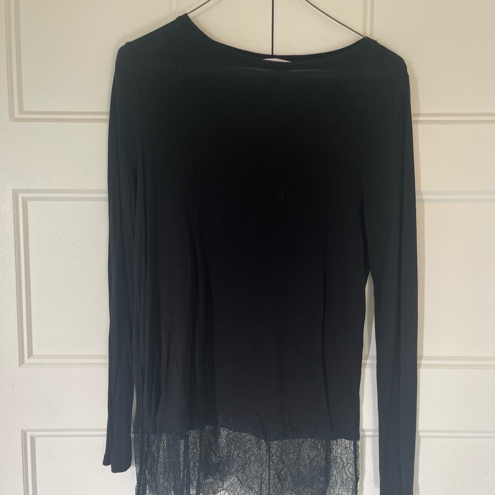 H&M Black Long Sleeve Top with Lace Hem, size XS